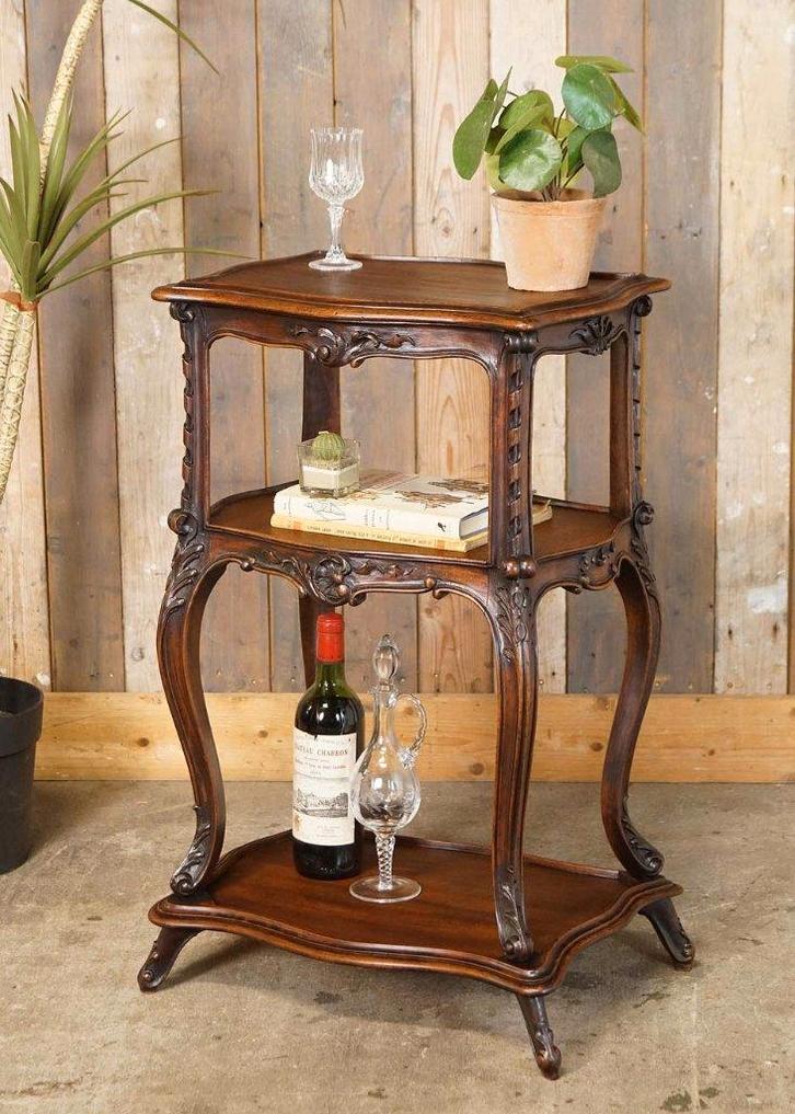 Oud antiek brocante bijzettafeltje drie etages houtsnijwerk, Antiek en Kunst, Antiek | Meubels | Tafels, Ophalen of Verzenden