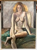 Schilderij vrouw zittend naakt voor spiegel, Antiek en Kunst, Kunst | Schilderijen | Modern, Ophalen of Verzenden
