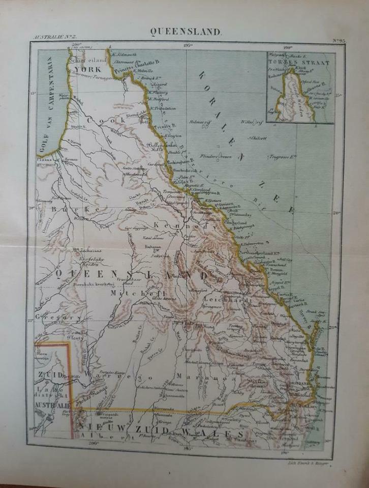 95 / Litho uit 1882 van J. Kuyper Australië Queensland Wales, Antiek en Kunst, Kunst | Litho's en Zeefdrukken, Ophalen of Verzenden