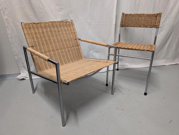 Martin Visser SZ01 lounge stoel + gratis SE05 - 't Spectrum, Huis en Inrichting, Fauteuils, Gebruikt, Metaal, Riet of Rotan, 50 tot 75 cm
