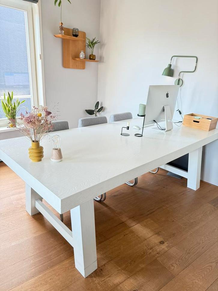 Grote witte eiken houten tafel, Huis en Inrichting, Tafels | Eettafels, Zo goed als nieuw, 50 tot 100 cm, 200 cm of meer, Rechthoekig