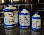 3 Vintage voorraadpotten met blauwe bies, Huis en Inrichting, Keuken | Potten en Pannen, Ophalen of Verzenden, Zo goed als nieuw