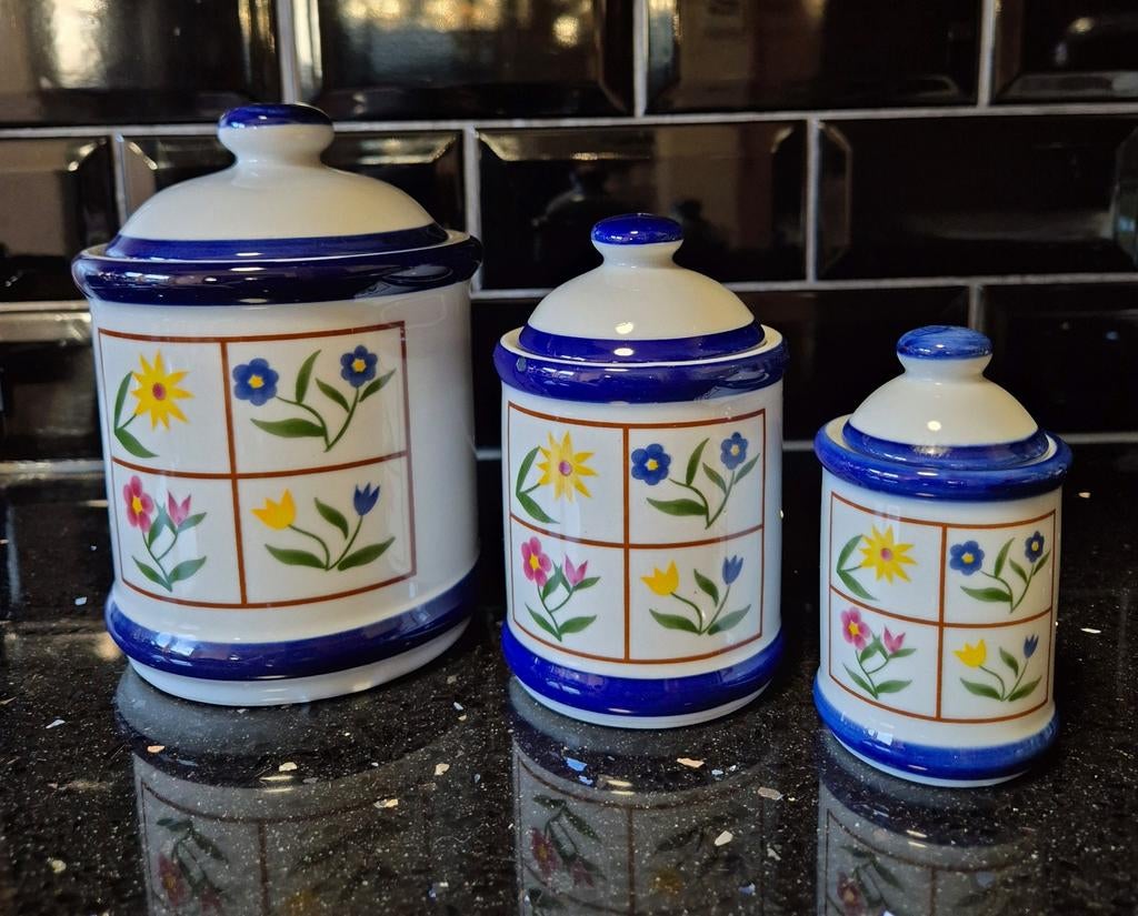 3 Vintage voorraadpotten met blauwe bies, Huis en Inrichting, Keuken | Potten en Pannen, Zo goed als nieuw, Pot, Bus of Blik, Overige materialen