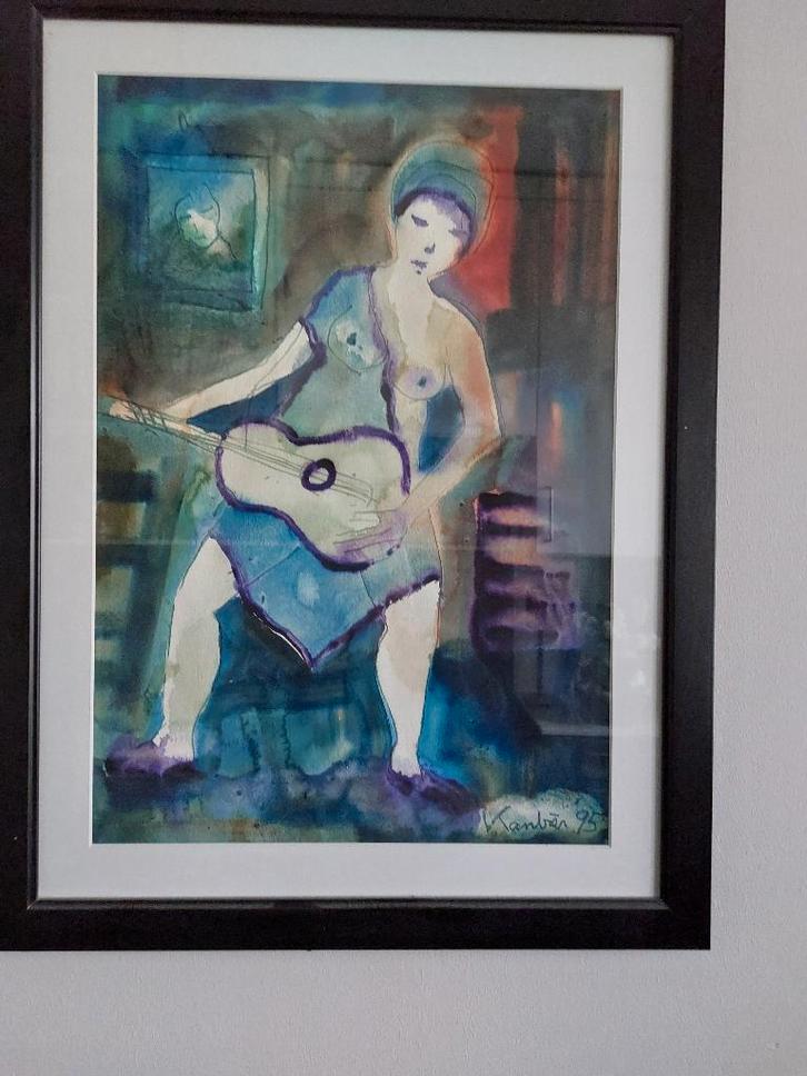 Jacob Kanbier Vrouw met muts en gitaar, Antiek en Kunst, Kunst | Schilderijen | Modern, Ophalen