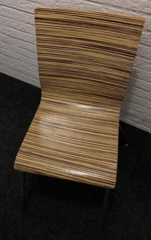 4x eetkamerstoel met leuke gestreepte zitting; Gamma, Huis en Inrichting, Stoelen, Gebruikt, Vier, Hout, Metaal, Bruin, Ophalen of Verzenden