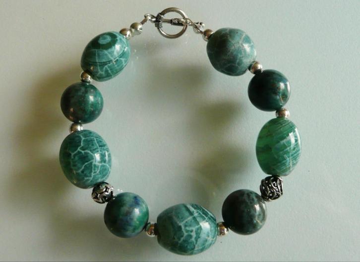Armband Mette azuriet-agaat-kralen zilver, Sieraden, Tassen en Uiterlijk, Armbanden, Nieuw, Zilver, Groen, Met bedels of kralen