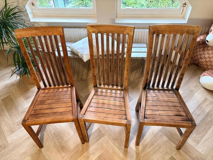 Zes teakhouten stoelen, Huis en Inrichting, Stoelen, Zo goed als nieuw, Vijf, Zes of meer stoelen, Bruin, Ophalen