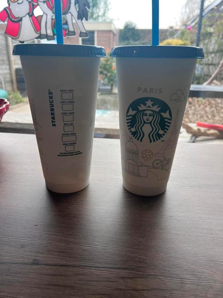 Starbucks Paris Bekers met Blauw Rietje, Huis en Inrichting, Keuken | Tupperware, Zo goed als nieuw, Beker of Kan, Blauw, Ophalen of Verzenden
