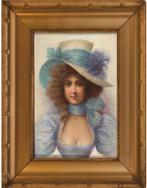 =PORTRET== jonge vrouw met hoed == c a 1900 =, Antiek en Kunst, Ophalen of Verzenden