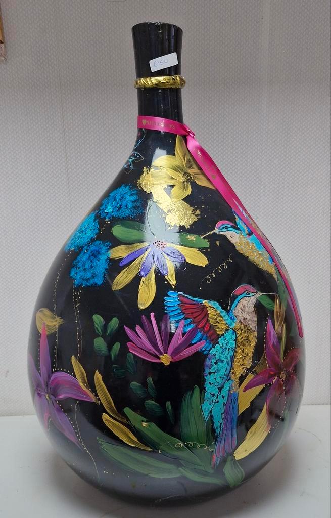 Handbeschilderde Vaas met Kolibries Opruiming, Huis en Inrichting, Woonaccessoires | Vazen, Nieuw, Zwart, 50 tot 75 cm, Glas, Ophalen of Verzenden