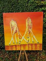 Groot schilderij van 2 drinkende giraffen op canvas, Antiek en Kunst, Ophalen