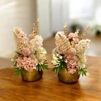 2 zijden bloemenstukken opgemaakt in gouden bloempot, Binnen, Nieuw, Ophalen of Verzenden, Fransidzesflowercreations