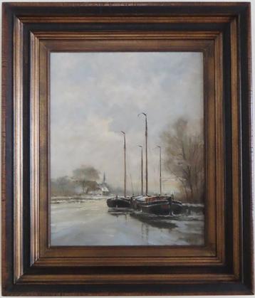 Antiek schilderij waterlandschap schepen, FJ Goosen, 1943 beschikbaar voor biedingen