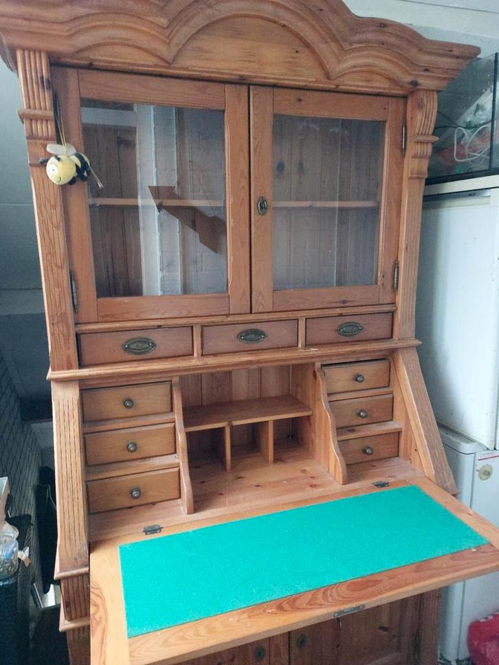 Grenen Secretaire Kast met Glas, Huis en Inrichting, Kasten | Buffetkasten, Gebruikt, 150 tot 200 cm, 50 tot 100 cm, 25 tot 50 cm