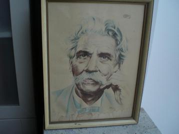 Oude potloodtekening portret Albert Schweizer. H. Kyne 1955. beschikbaar voor biedingen