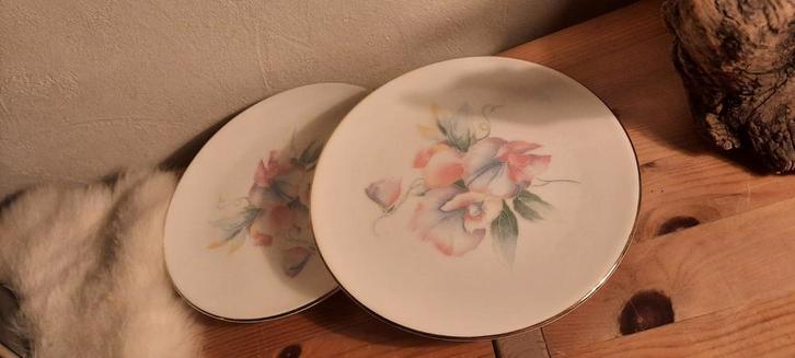 2 vintage Aynsley England pastelkleurige ontbijtbordjes., Antiek en Kunst, Antiek | Servies los, Ophalen of Verzenden