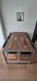 Teakhouten eettafel met stalen onderstel, Ophalen, Gebruikt, Teakhout, 200 cm of meer