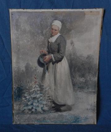 Aquarel Staande vrouw met gieter Ongesign. hxb: 26,4 x 19,4 beschikbaar voor biedingen