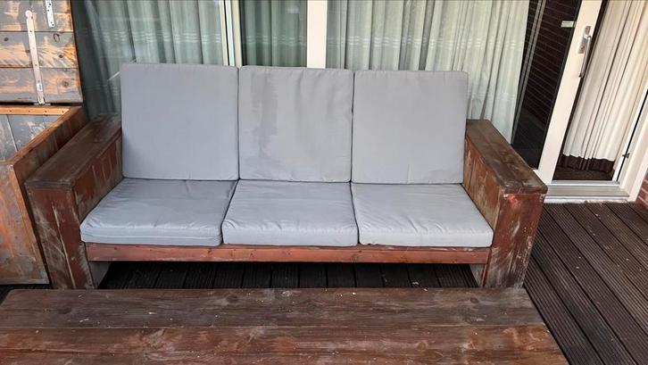 Complrte steigerhouten lounge set met kussen en kussenkist, Tuin en Terras, Tuinsets en Loungesets, Gebruikt, Loungeset, Steigerhout
