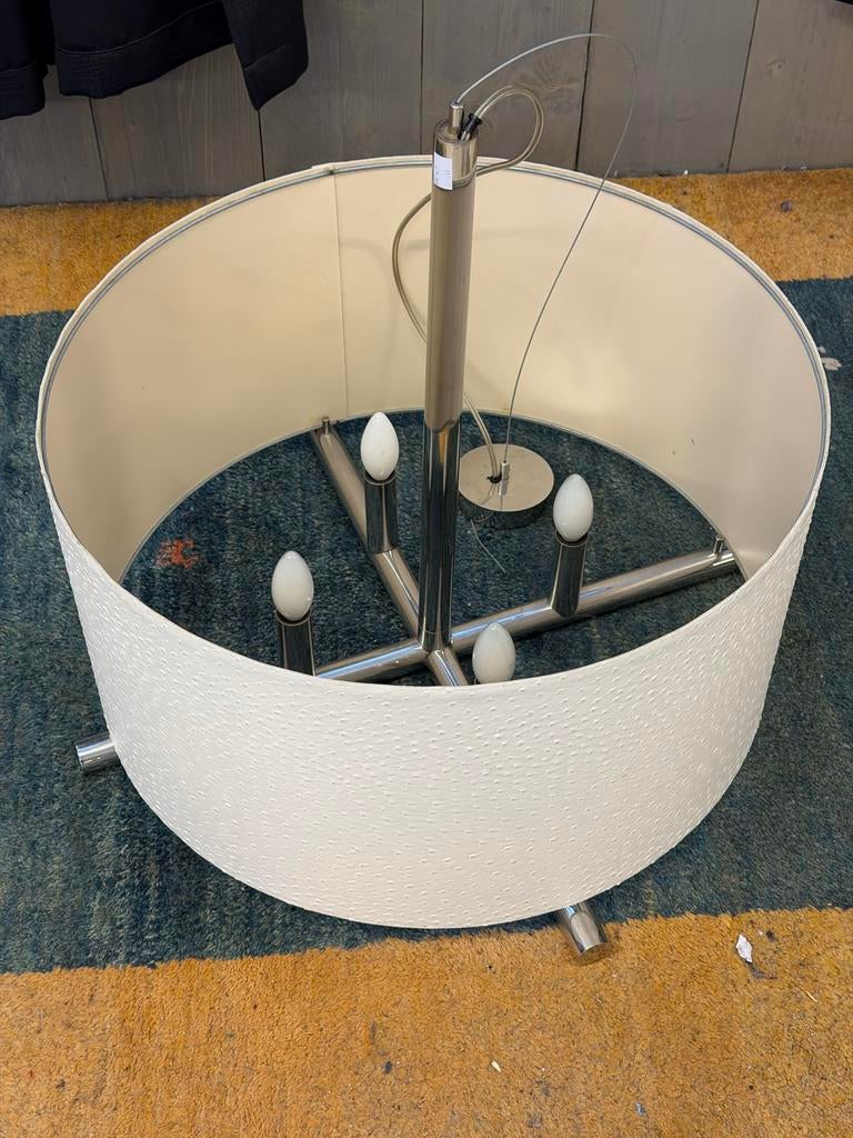 Moderne Hanglamp met Stoffen Kap - Wit/Metaal, Ophalen, Gebruikt, 50 tot 75 cm, Kingloop