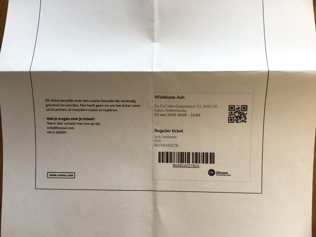 Te koop 2 kaartjes voor Wishbone Ash in de Pul in Uden, Muziek en Instrumenten, Overige Muziek en Instrumenten, Ophalen, Nieuw