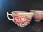 Drie antieke kopjes met rode print Engels, Ophalen of Verzenden