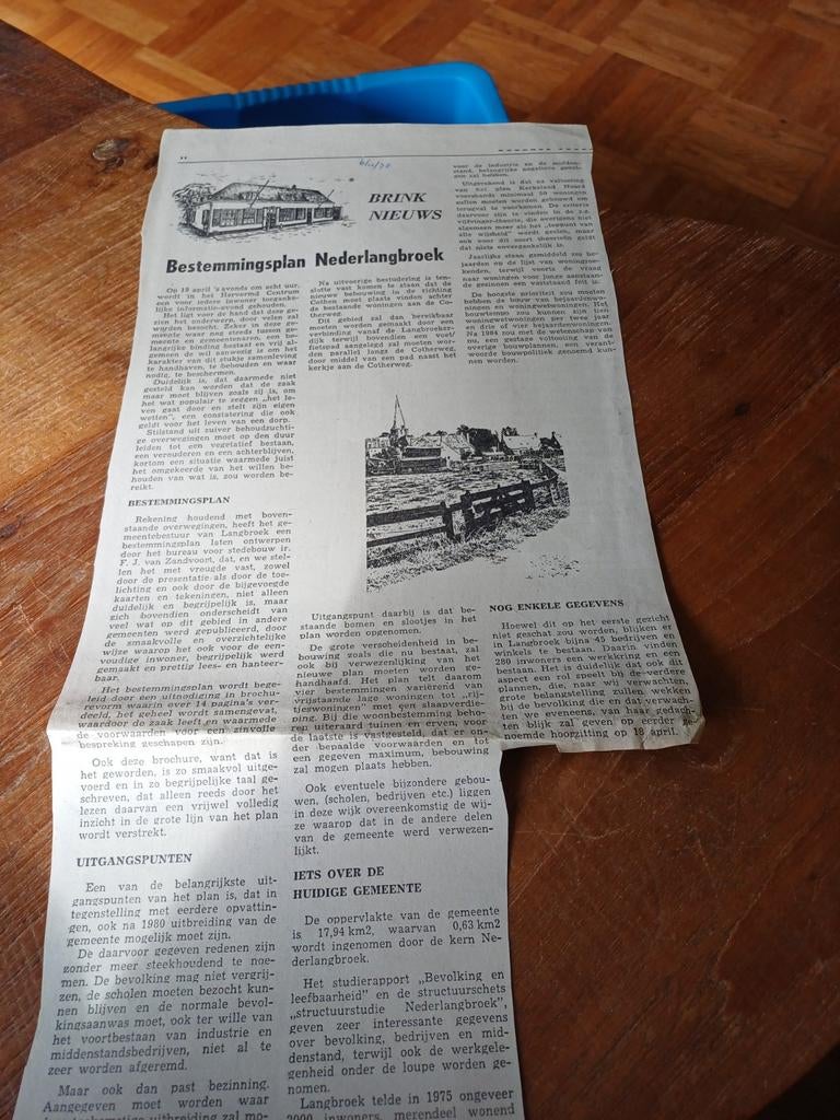 Artikel bestemmingsplan Nederlangbroek 1978, Verzamelen, Tijdschriften, Kranten en Knipsels, Ophalen of Verzenden, 1960 tot 1980