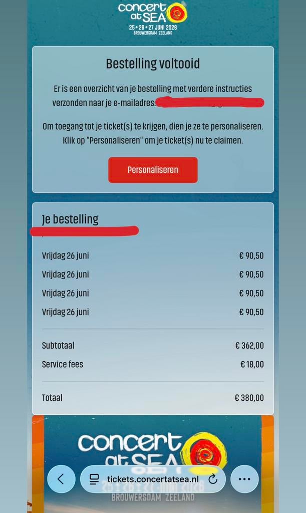 2x Tickets concert at sea 26 juni 2026, Twee personen