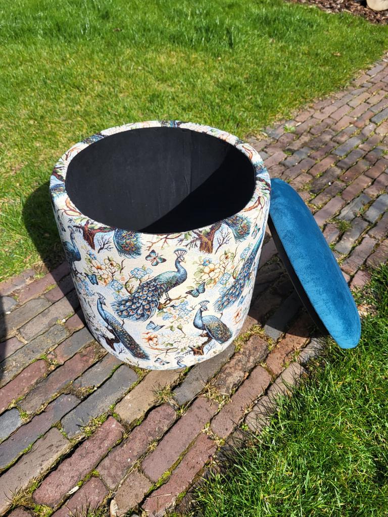 Poef met opbergruimte, pauwenprint, Huis en Inrichting, Banken | Voetenbanken en Poefen, Ophalen, Minder dan 50 cm, Rond, Nieuw