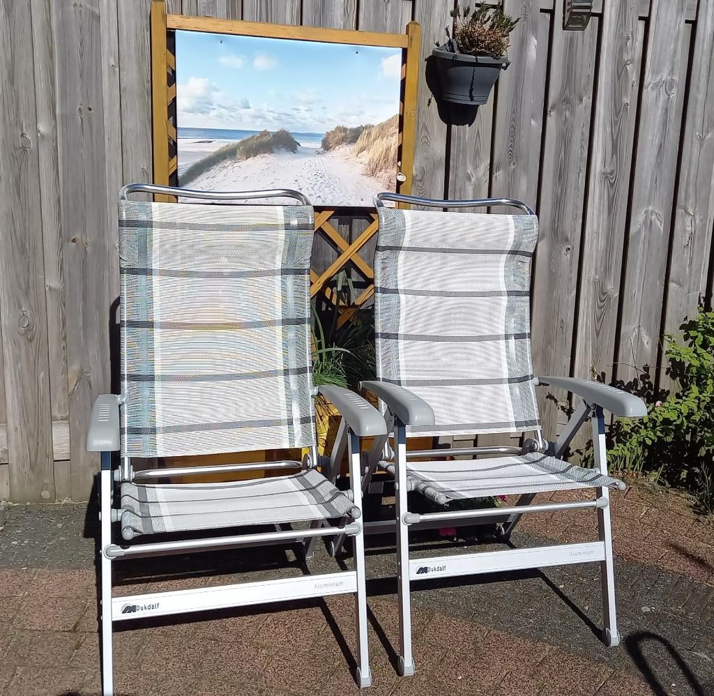 2 Dukdalf Cha Cha  stoelen + 1 zonneluifel in nieuwstaat, Ophalen, Zo goed als nieuw, Campingstoel