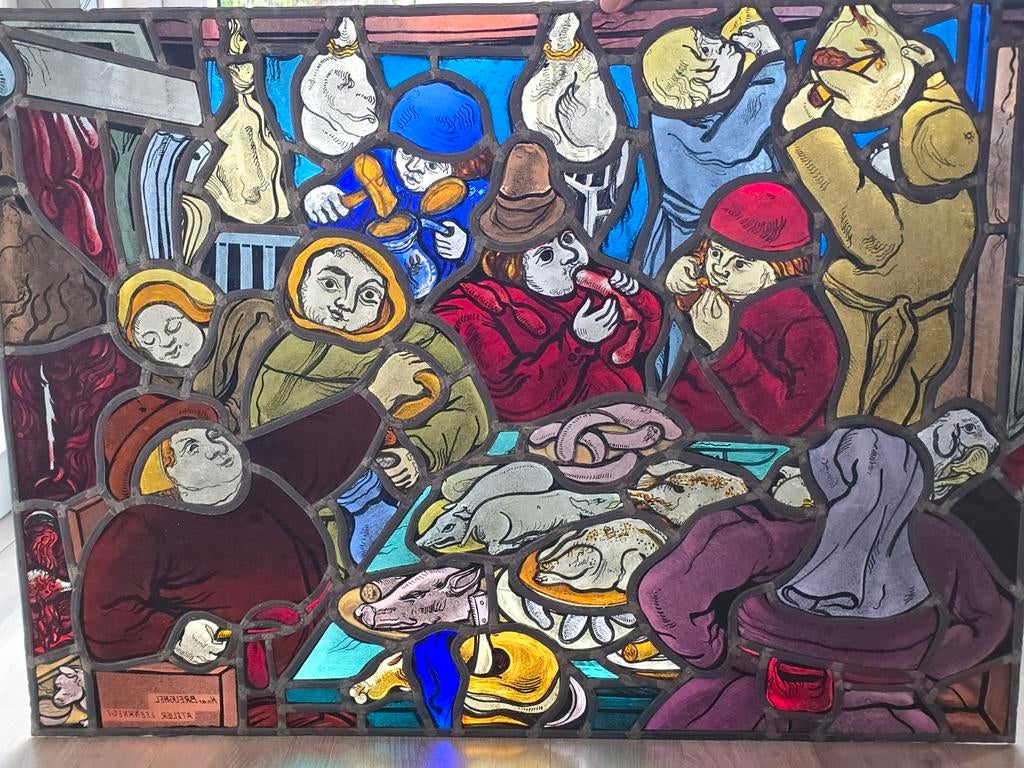 antiek gebrandschilderd glas-in-lood FRANS VAN IMMERSEEL, Ophalen, Zo goed als nieuw, Minder dan 80 cm, Glas in lood
