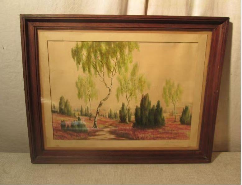 Mooi Oud Aquarel 'Bomen en Heide' - gesigneerd, Ophalen of Verzenden