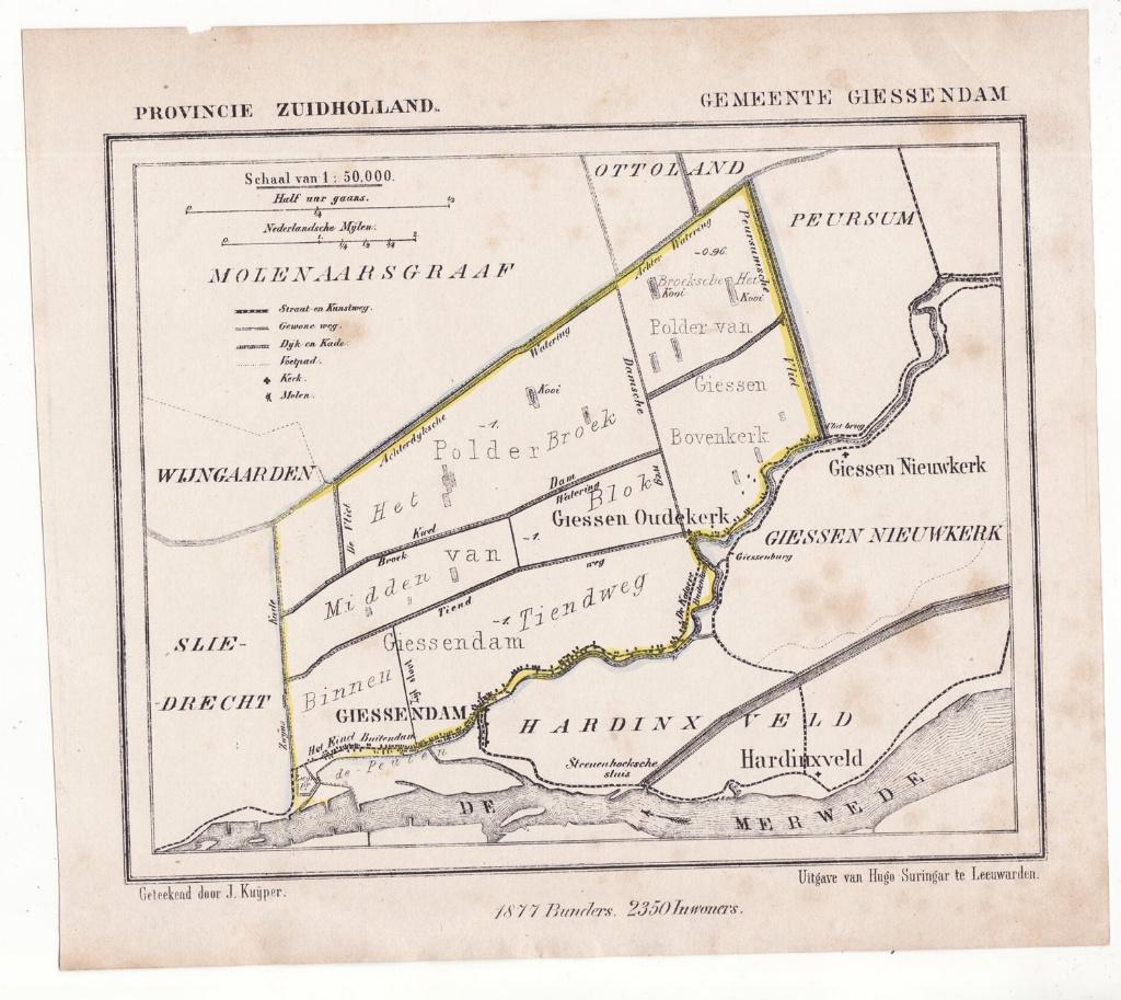 Giessendam kaart door J. Kuijper uitgave Hugo Suringar 1877, Gelezen, Verzenden, Landkaart, 1800 tot 2000