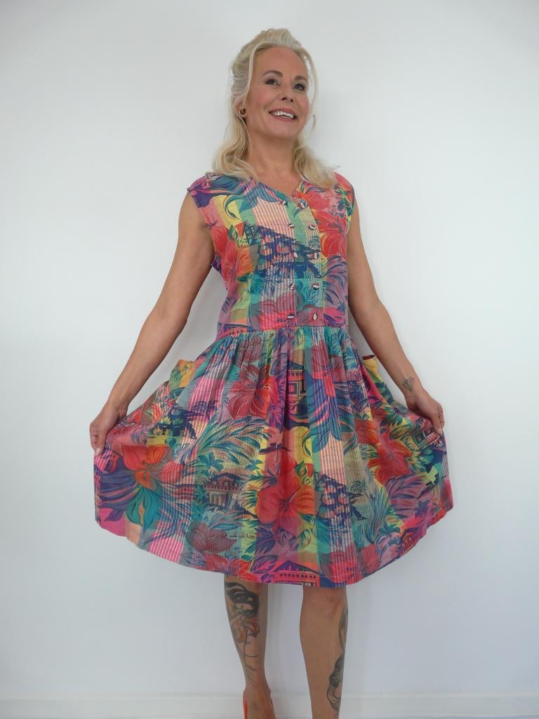 *Abfab Vintage Kleurrijke Katoenen Jurk met Zakken L*, Yessica, Maat 42/44 (L), Ophalen of Verzenden, Zo goed als nieuw