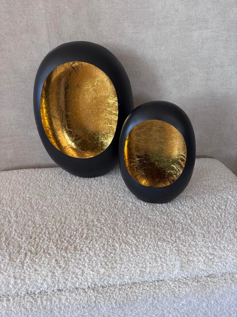 Decoratie windlicht theelicht eggy zwart metaal goud, Huis en Inrichting, Woonaccessoires | Kandelaars en Kaarsen, 25 tot 50 cm