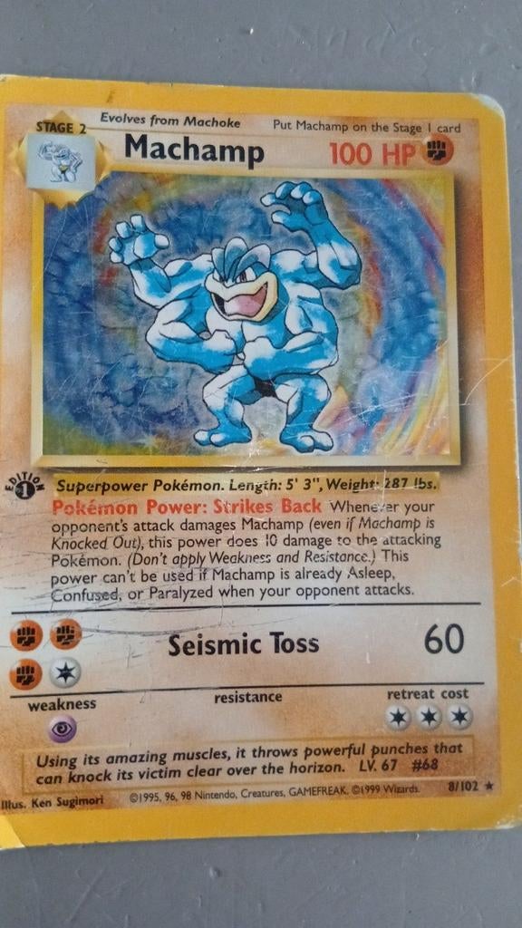 Machamp Pokémon kaart 1e editie, Hobby en Vrije tijd, Verzamelkaartspellen | Pokémon, Ophalen of Verzenden, Gebruikt, Losse kaart