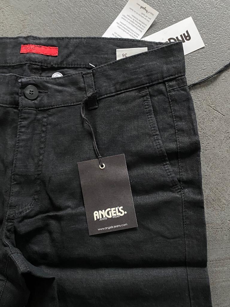 F849 Nieuw: Angels mt. 36=S korte linnen broek capri bermuda, Kleding | Dames, Broeken en Pantalons, Kort, Zwart, Nieuw, Ophalen of Verzenden