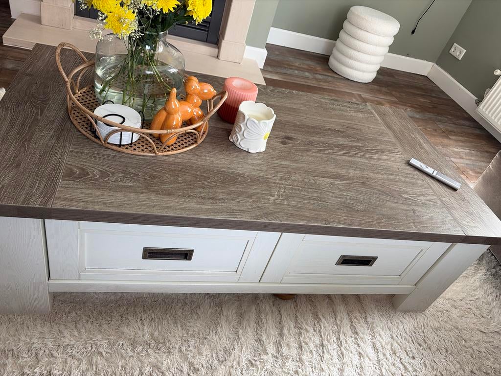 Salontafel wit met houten blad en lade - 130x68cm, Huis en Inrichting, Tafels | Salontafels, Gebruikt, 100 tot 150 cm, Minder dan 50 cm