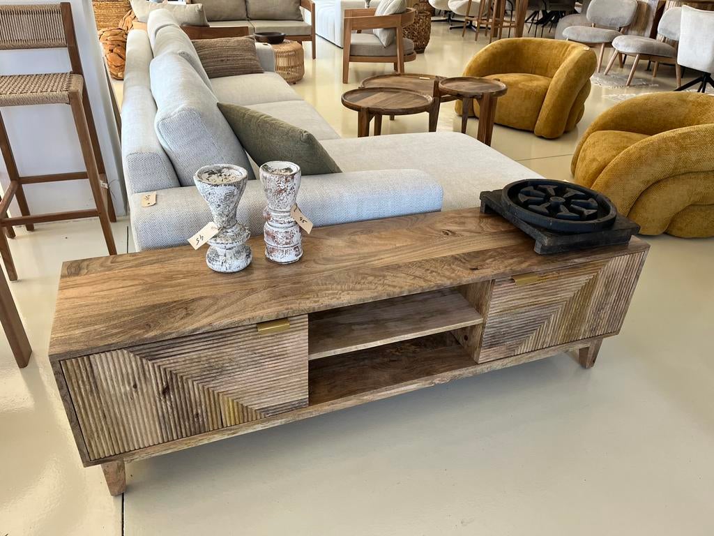 Magazijn leegverkoop tv meubel Ibiza mangohout ribbel actie, Hout, Nieuw, Ophalen of Verzenden, Info@wkhome.nl