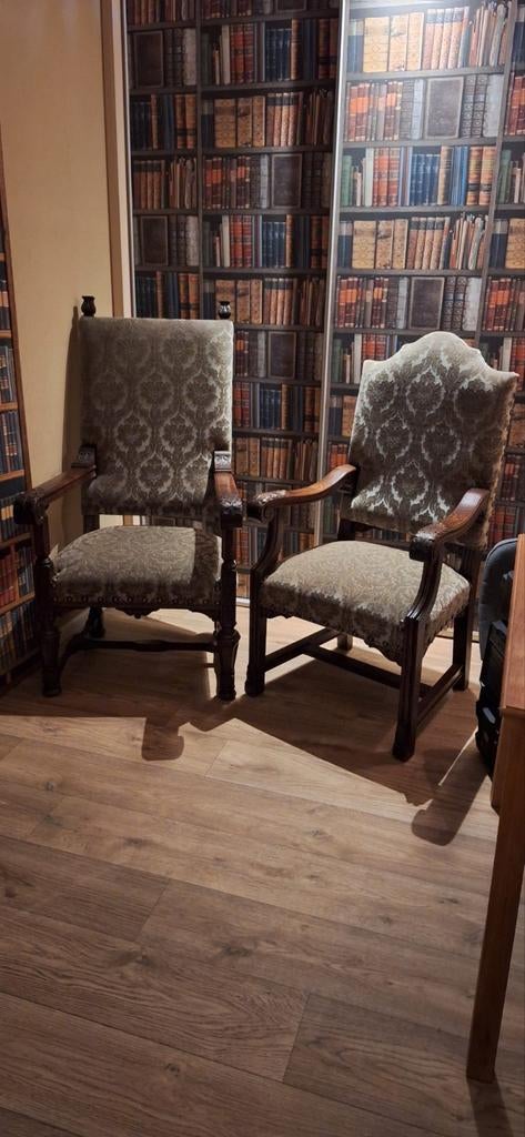 Twee kasteel stoelen met stoffen bekleding, Antiek en Kunst, Antiek | Meubels | Stoelen en Banken, Ophalen