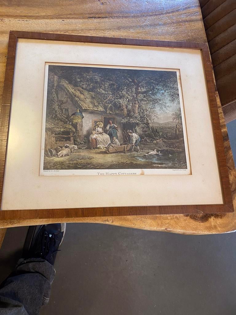 Prent,gravure ,The Happy Cottages,naar schilderij G.Morland, Antiek en Kunst, Ophalen of Verzenden