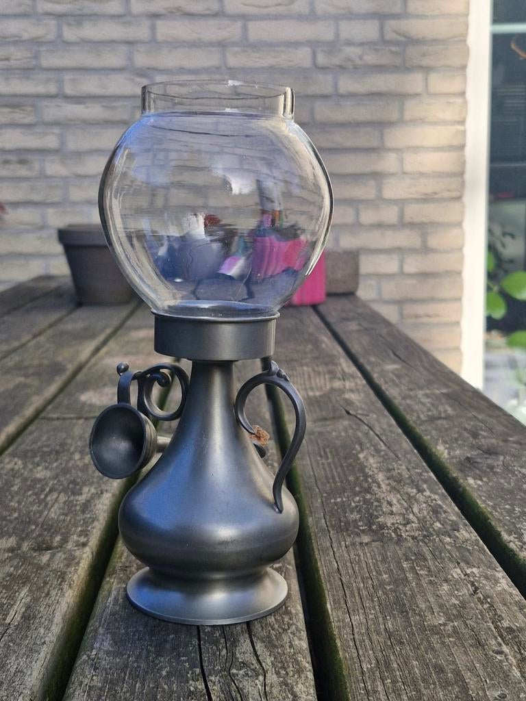 Vintage Tinnen Theelichthouder / Windlicht - Olielamp Stijl, Ophalen of Verzenden