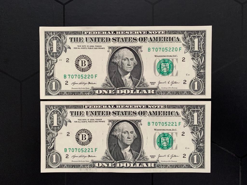 🇺🇸 USA 2 X $1 Dollar 💵 UNC opeenvolgend, Postzegels en Munten, Bankbiljetten | Amerika, Verzenden, Noord-Amerika, Setje