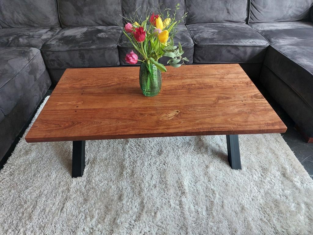 Salontafel Teakhout met kruis gepoedercoat, Ophalen, Gebruikt, 100 tot 150 cm, Teakhout