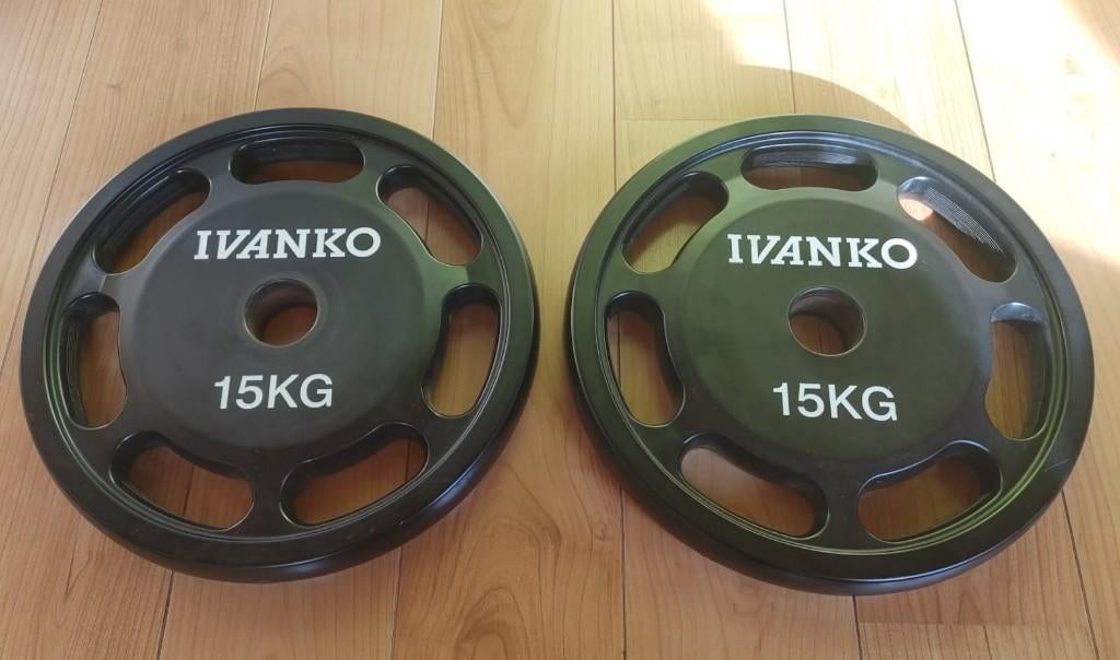 Ivanko olympische halterschijven 2 stuks 15kg, Sport en Fitness, Fitnessmaterialen, Ophalen, Zo goed als nieuw, Halterschijven