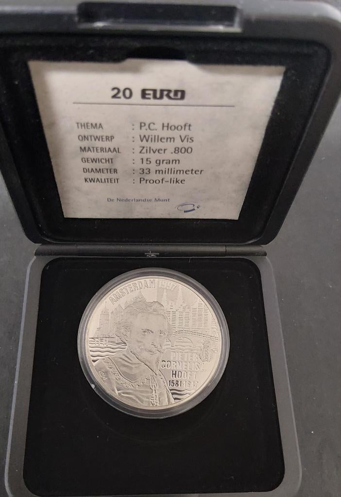 Zilveren (800) 20 Euro P.C. Hooft munt 1997 Proof-like, Verzenden, Zilver, Overige landen, Overige waardes