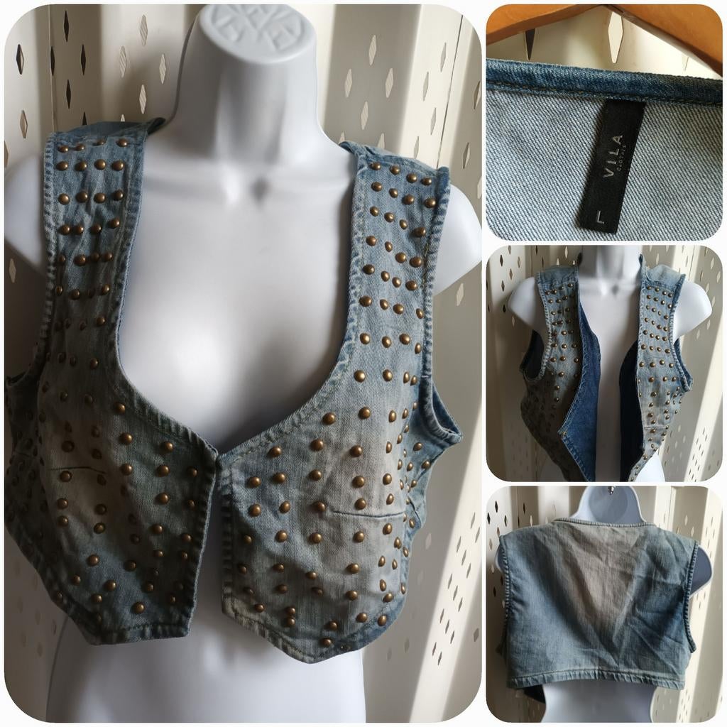Vila spijkergilet met studs en 1-haaksluiting stretch L New, Blauw, Vila, Maat 42/44 (L), Nieuw