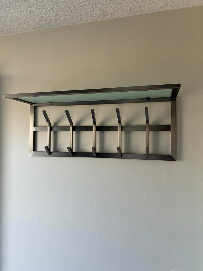 Aluminium kapstok met glazen hoedenplank en 10 haken, Huis en Inrichting, Woonaccessoires | Kapstokken, Ophalen, Gebruikt, Overige materialen