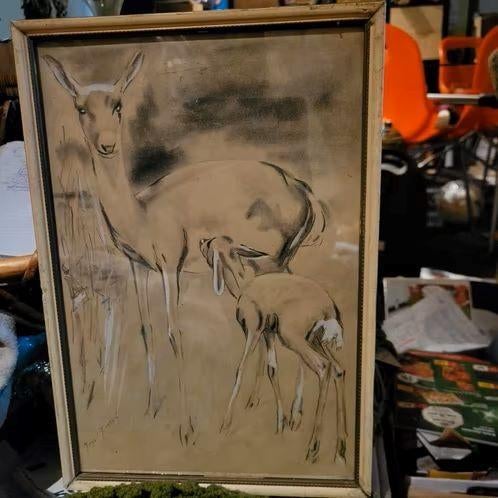 2 x hertjes tekening / print, Antiek en Kunst, Ophalen of Verzenden