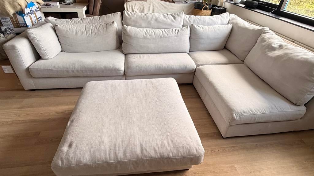 Modulaire hoekbank met hocker - lichte kleur, Huis en Inrichting, Banken | Bankstellen, Ophalen, Gebruikt, 100 tot 125 cm, Hoekbank